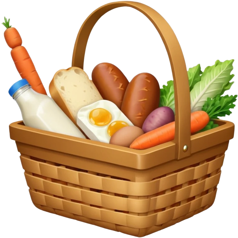 basket with groceries: milk, bread, sausage, eggs, potatoes, carrots, onions, cabbage emoji