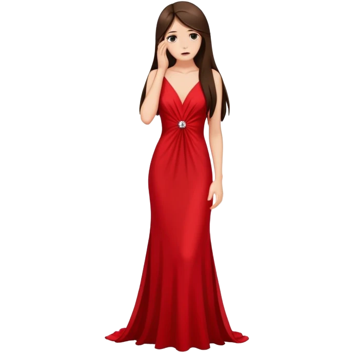 brunette with long straight hair with brown eyes in a full-length red evening dress facepalm emoji