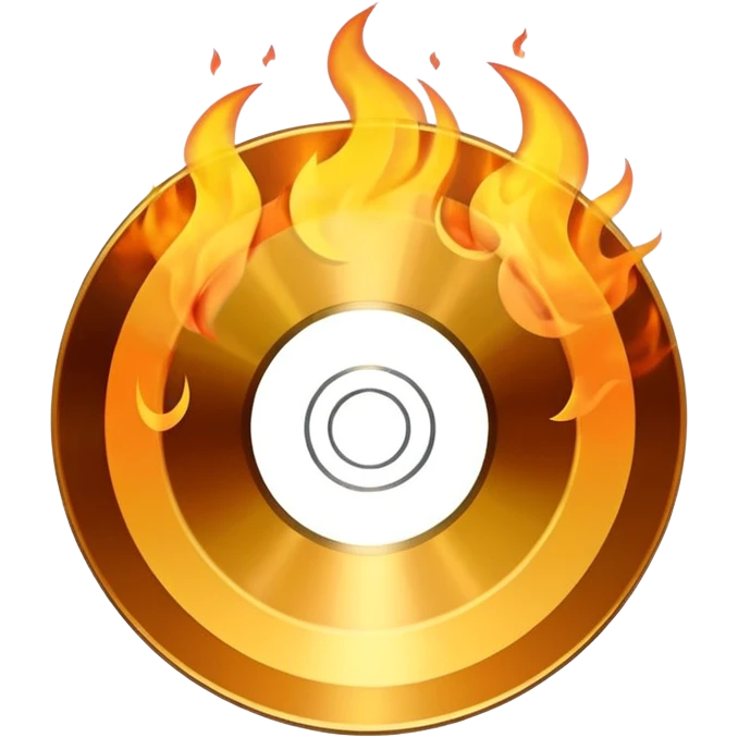 A minimalist CD disc with a subtle fire design, gold flames. emoji