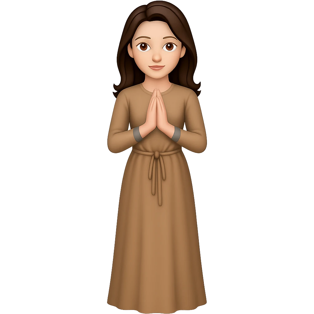 Create an image of a woman standing and praying from the front view, wearing a long tan dress, with dark brown hair, matching the body figure of the reference image. The style should emulate emoji style. Remove the background. emoji