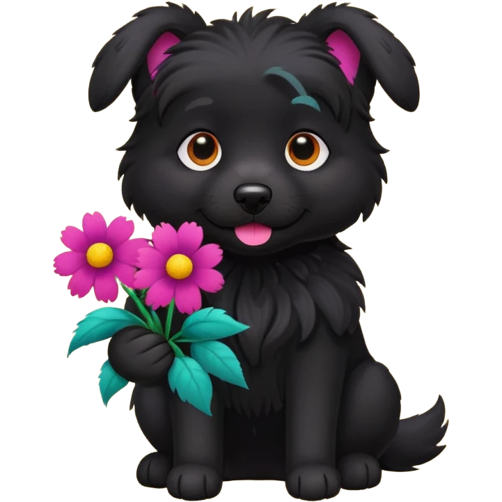 black dog holding flowers emoji
