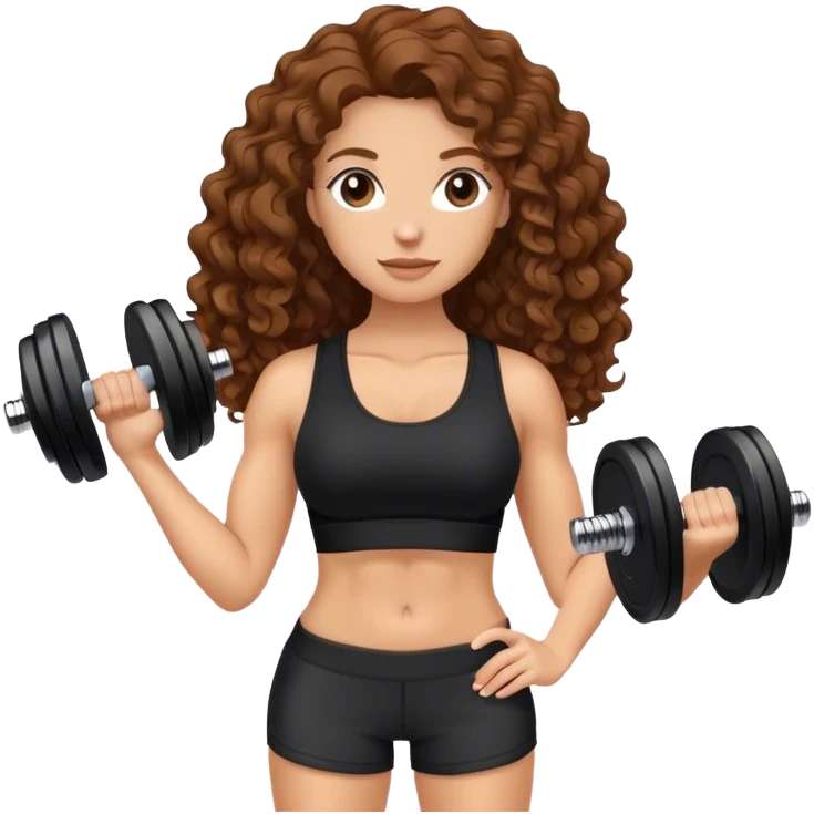 white woman with long brown curly hair in black top and shorts holding dumbbell emoji