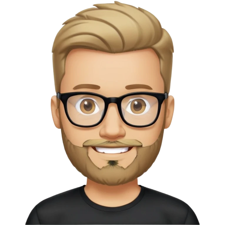 Man with light skin, full facial beard, short upswept hair, large black-framed glasses, smiling face, black sports fabric shirt emoji