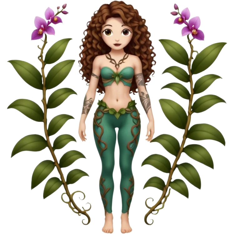 full body woman long curly brown hair brown eyes white skin tattoos muscular build orchid fairy bodice and vine leggings emoji