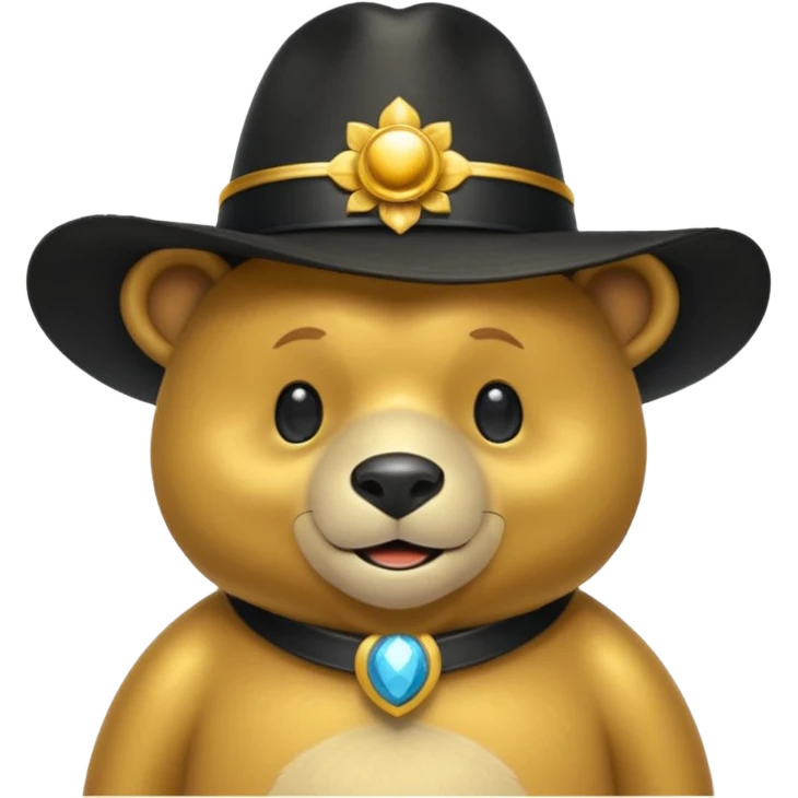 Oso dorado con sombrero elegante y moño negro animatronico feliz emoji