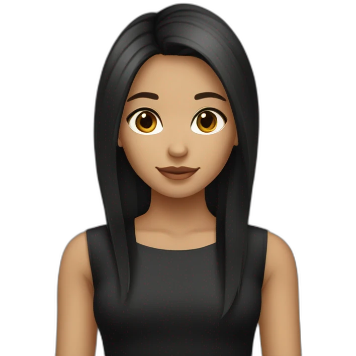 girl She has brown eyes, long dark hair, straight and styled. She has an olive skin tone and wears black clothing, which contrasts with her fair complexion. emoji
