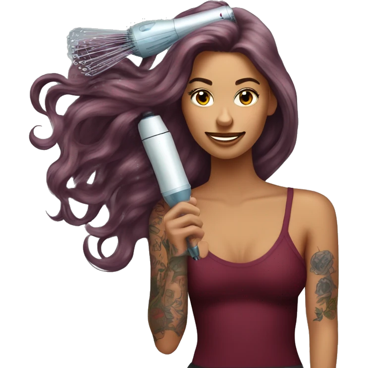 Beautiful tattooed  burgundy long haired woman blow drying her hair emoji