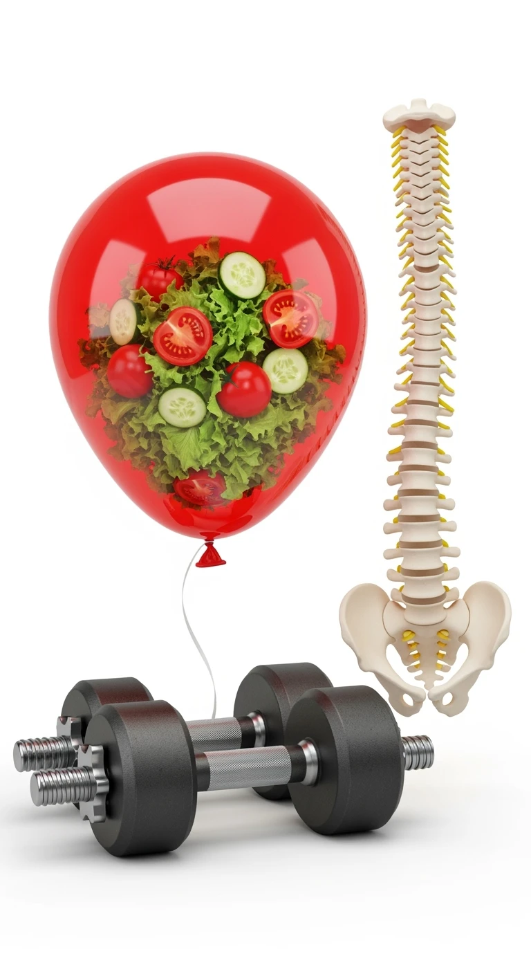 palloncino rosso con all'interno insalata, manubri da palestra e una spina dorsale anatomica realistica in 3d, isolato su sfondo bianco emoji