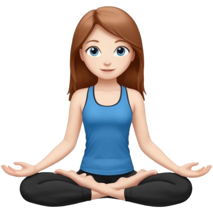 A girl with fair skin and a natural blush. Eyes are large, expressive, blue. Hair is long, straight, chestnut-colored. The smile is soft, friendly, in a black top and leggings
is standing in a yoga pose emoji