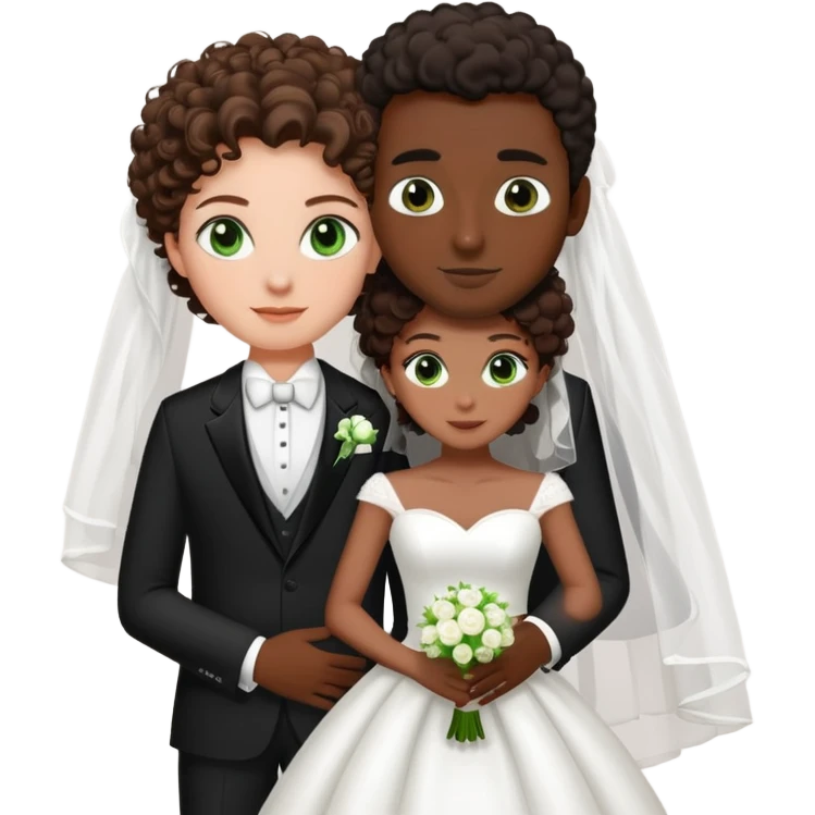 A fair-skinned bride with brown hair and green eyes next to the groom with dark skin, short curly black hair, and brown eyes emoji