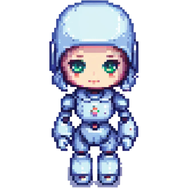 portrait of a cute female recruiter robot, 8-bit pixel art style, metallic, with long eyelashes emoji