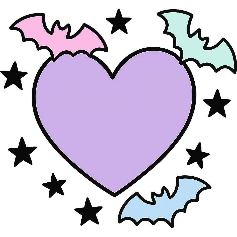 pastel goth heart with pastel bats and black stars ,remove background emoji