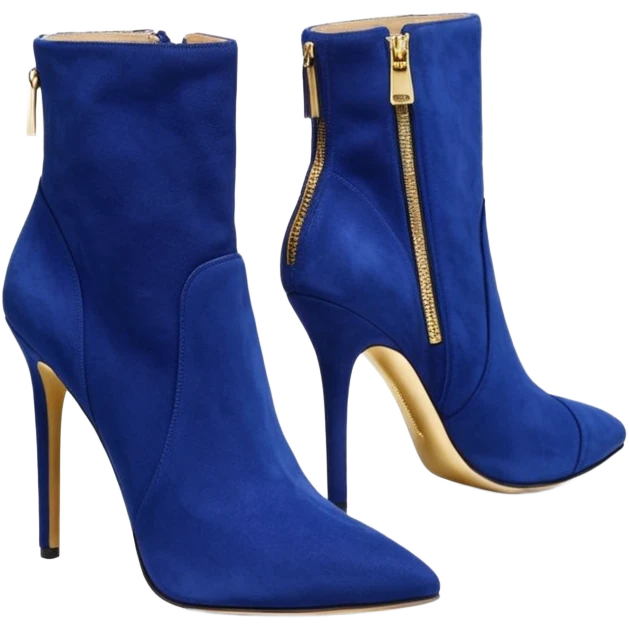 Hyper Realistic, Michael Kors royal blue suede, both pairs of stiletto ankle bootie boots, detailed gold zipper emoji