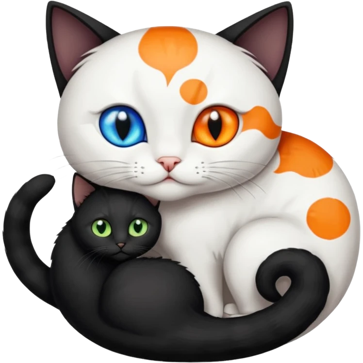 Black kitten with green eyes cuddling with white cat with orange spots and blue eyes and sharper features in the shape of a yin yang symbol emoji