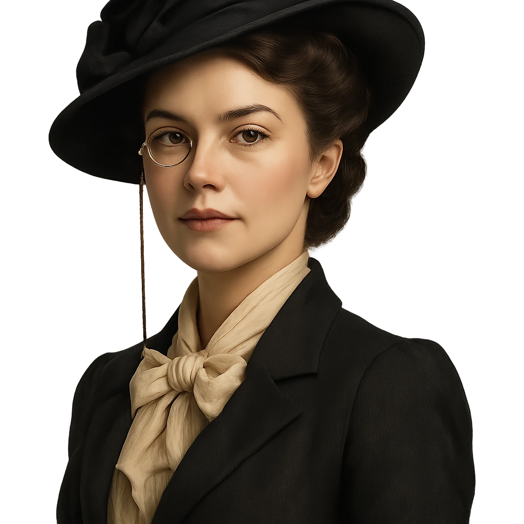 a sophisticated woman wearing a monocle, vintage fashion, confident expression, portrait, no background emoji