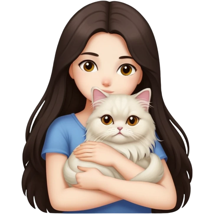A pretty girl with long dark hair is hugging her one light hair persian cat. emoji