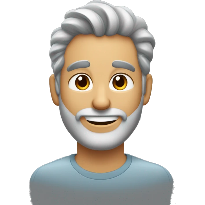 hombre calvo con cabello gris en los costados, cejas tupidas, barba corta y gris, y una expresión sonriente que muestre dientes blancos. El emoji debe transmitir calidez y amabilidad. emoji