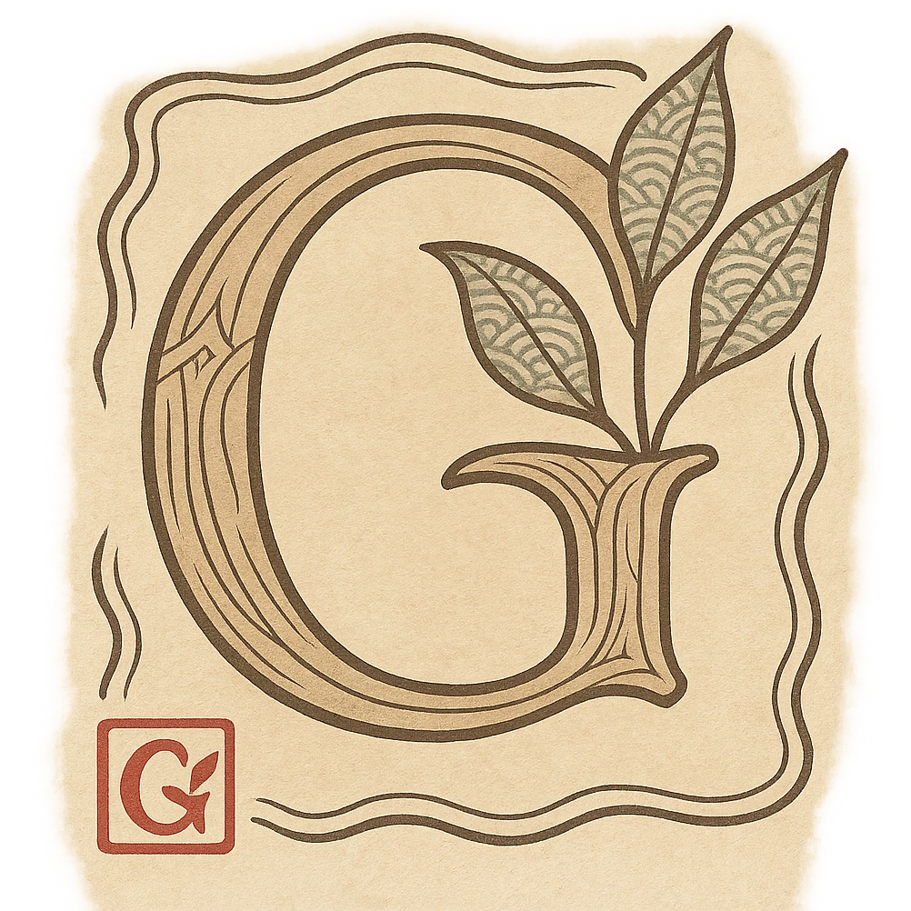 logo featuring the letter G with stylized leaves, elegant Japanese-inspired design emoji