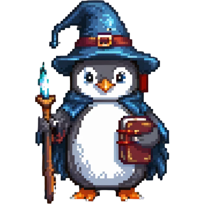 penguin wizard with a wizard hat and a spellbook emoji