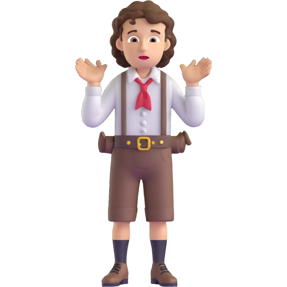 German person with brown curly hair in typical Bavarian clothing (lederhosen) shrugging and looking lost emoji