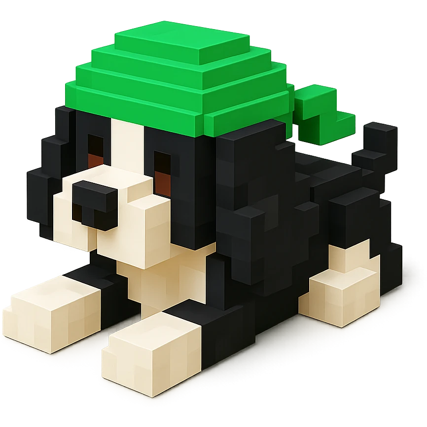 A black and white Russian Cocker Spaniel puppy wearing a green durag, voxel style, lying down emoji