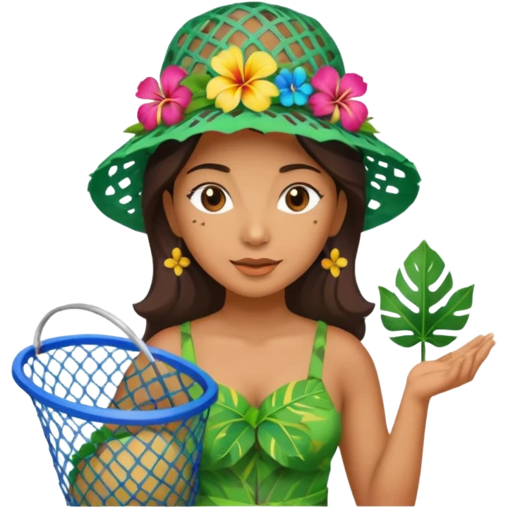 Hawaiian woman with leaf hat and big trash net and colorful cloth emoji