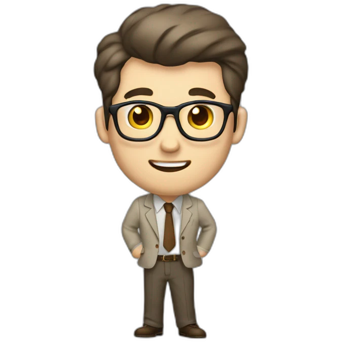 To belt Actively gesturing with hands Pale skinned fit man teacher with dark brown hair in gray jacket, beige office shirt, brown tie, brown pants and vintage glasses. emoji