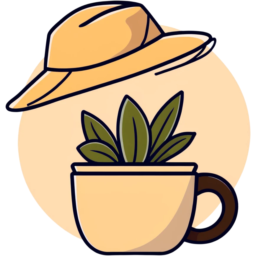 beige aesthetic coffee cup, journal, plant pot, and straw hat emoji
