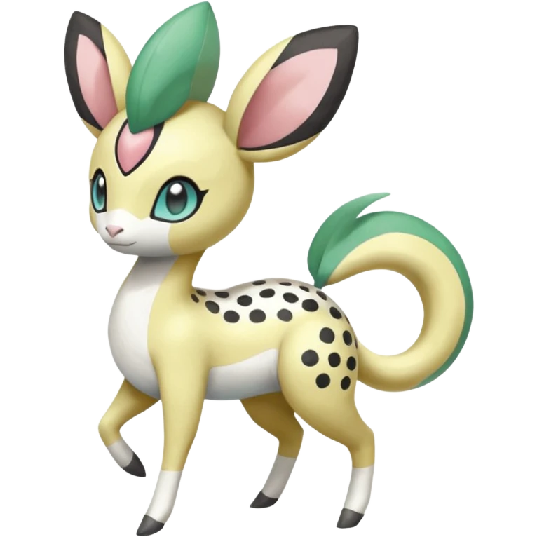 Blushing Spotted Dotted randomly Splash-marked Meloetta- Leavanny-Gallade-Ampharos-Inteleon-Nidoqueen-Fakémon-Pokémon-hybrid-fusion-creature, full body emoji