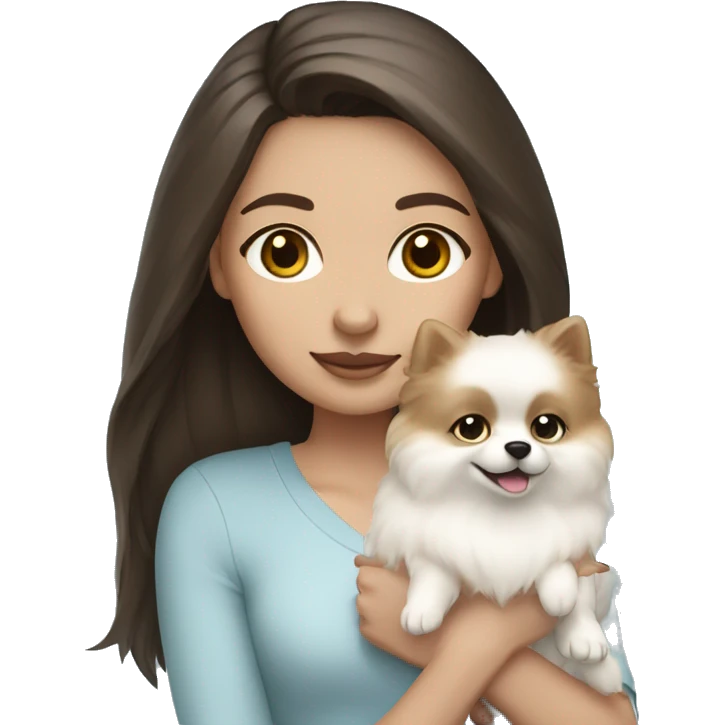 Brunette girl with light skin and blue eyes holding a white pomeranian  emoji