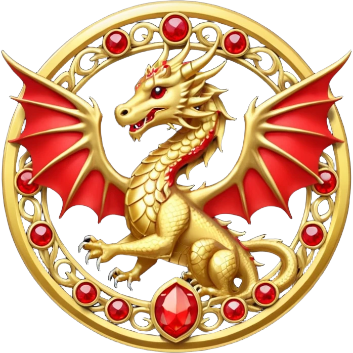 Golden dragon with wings crest / brosch in a circle with red gems and no background emoji