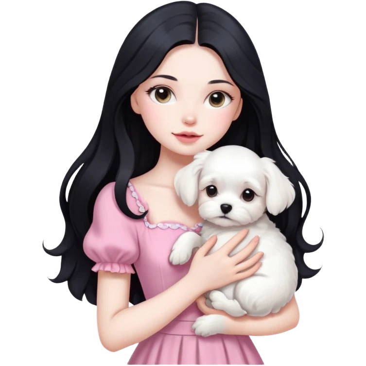 beautiful girl with long black hair wearing pink dress holding a white Maltese puppy emoji