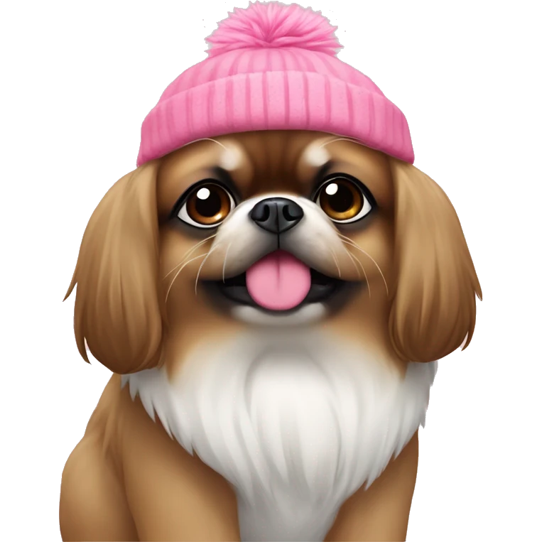 brown and white pekingese dog wearing pink beanie emoji