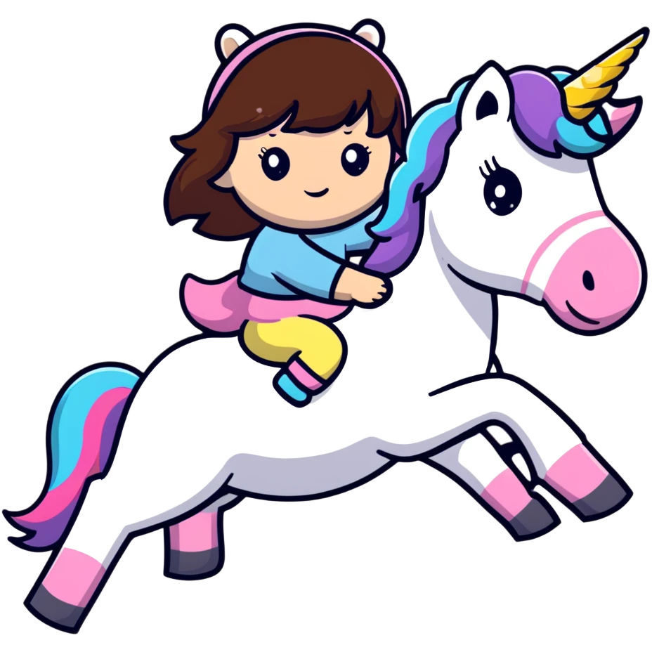An adorable little brunette girl with bangs and riding a unicorn emoji