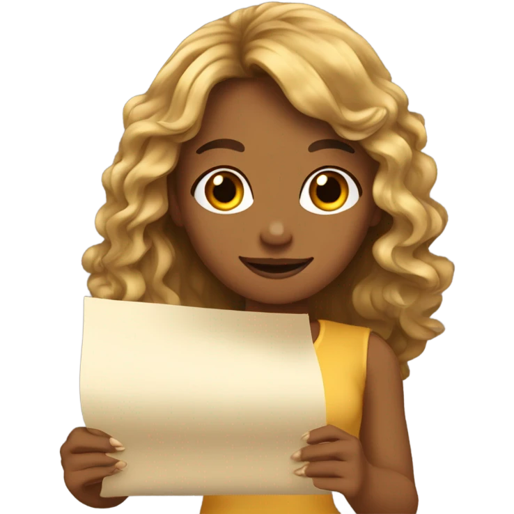 TAN SKIN GIRL with long gold wavy hair and bangs holding paper emoji