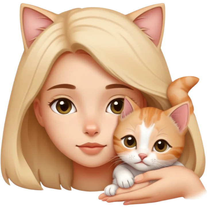l. A tiny kitten lies on a girl's head, purring softly, making a sweet sight. emoji