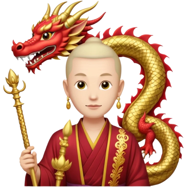 man with asian dragon head, scepter, buddhism, lotus emoji