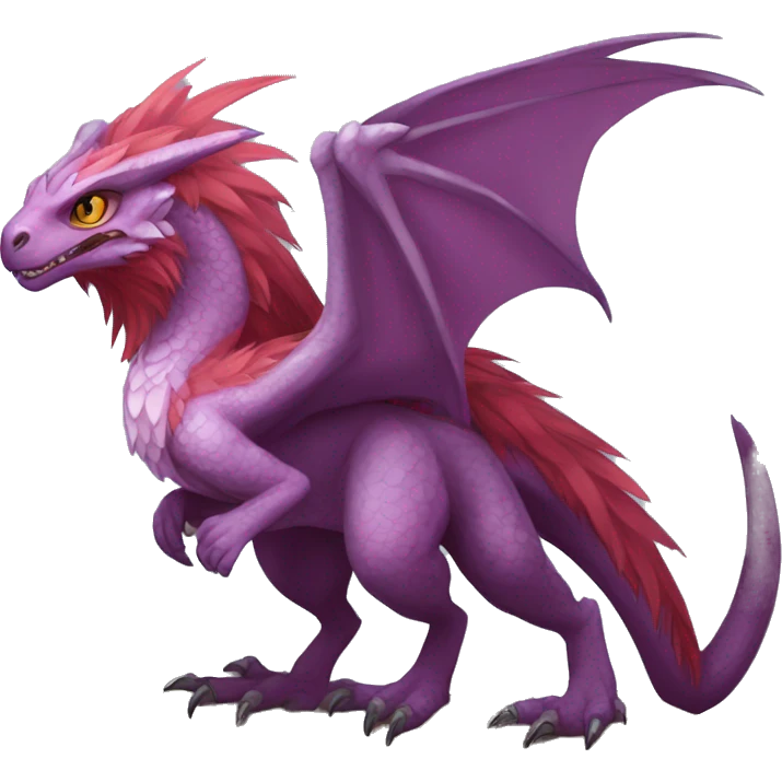 Mauve-maroon-red-violet-colored anthro-raptor-dragonkin-scalie-sona-Fakémon-hybrid with a mane on head and back full body emoji
