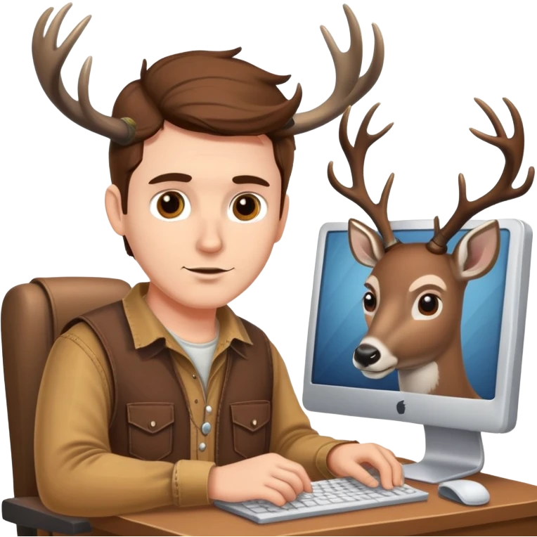 White Guy works at computer with deers antlers, redneck clothes, brown eyes  emoji