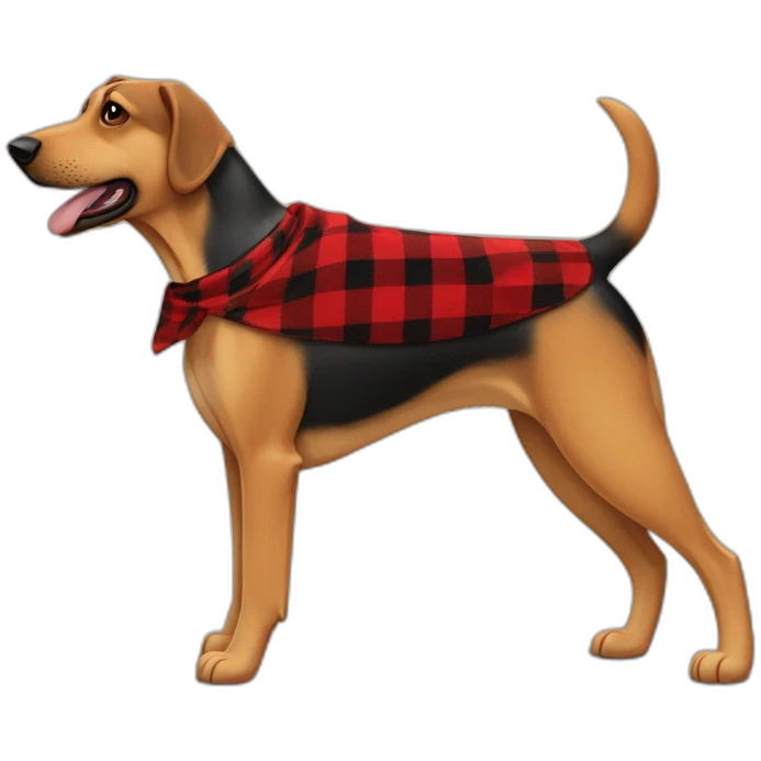 adult 75% Coonhound 25% German Shepherd mix dog with visible tail wearing small pointed red buffalo plaid bandana full body walking left quickly emoji