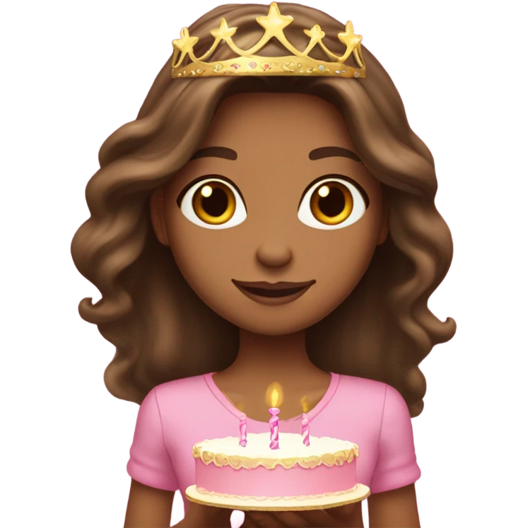 Beautiful tan skinned brunette with long hair and a pink birthday cake and gold tiara emoji