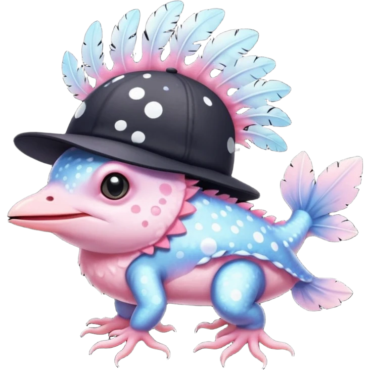 black bird with white spots on its body wearing an axolotl hat emoji