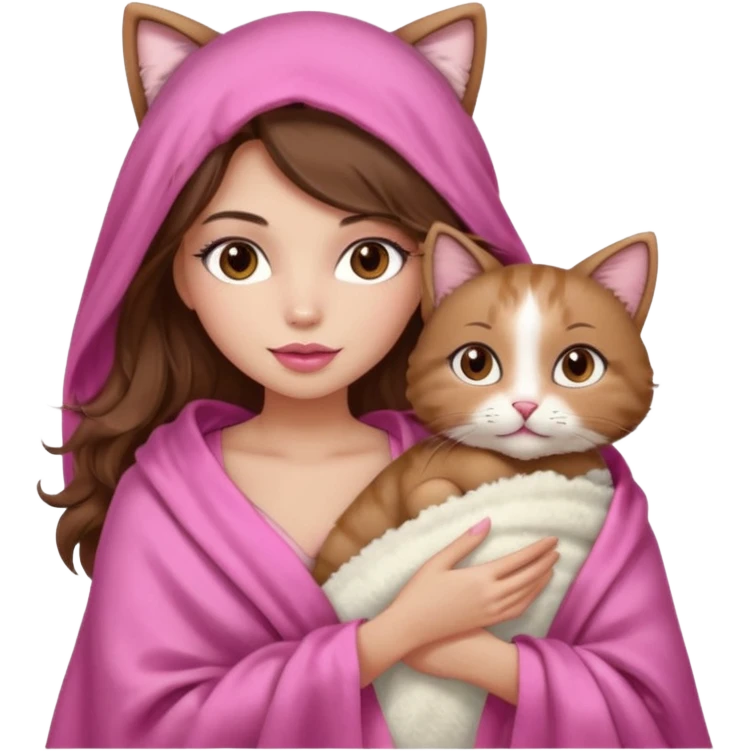 girl with long wavy brown hair, brown eyes, long lashes makeup, sexy pink lips, light to medium complexion, wearing a pink sexy silk top, big blanket over the head cozy holding a cat emoji