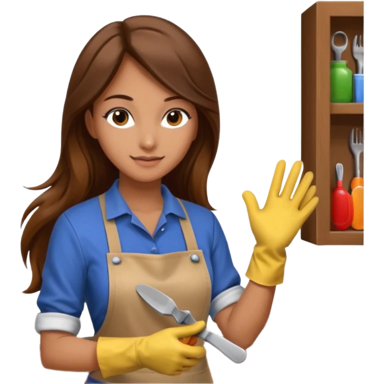 beautiful girl with long brown hair constructing new kitchen cabinets emoji