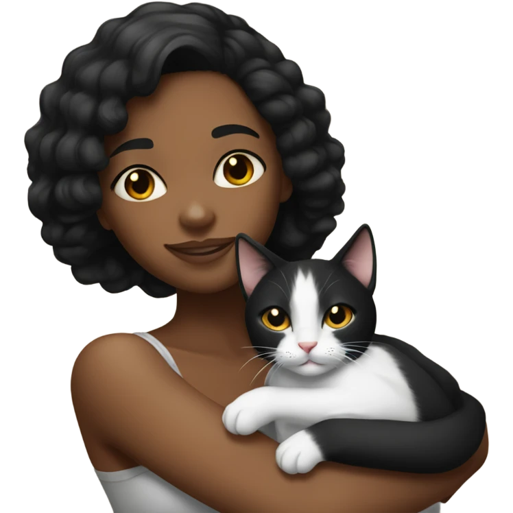  Tanned black woman with black hair hugging a black and white cat  emoji