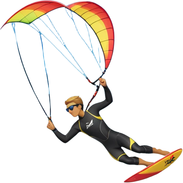 A kite surfer soaring above the waves, holding onto a kite with the wind in full force. The background showcases the ocean and sky, emphasizing the freedom, thrill, and energy of the sport. The motion of the kite and board is dynamic, capturing the excitement of kiting. emoji