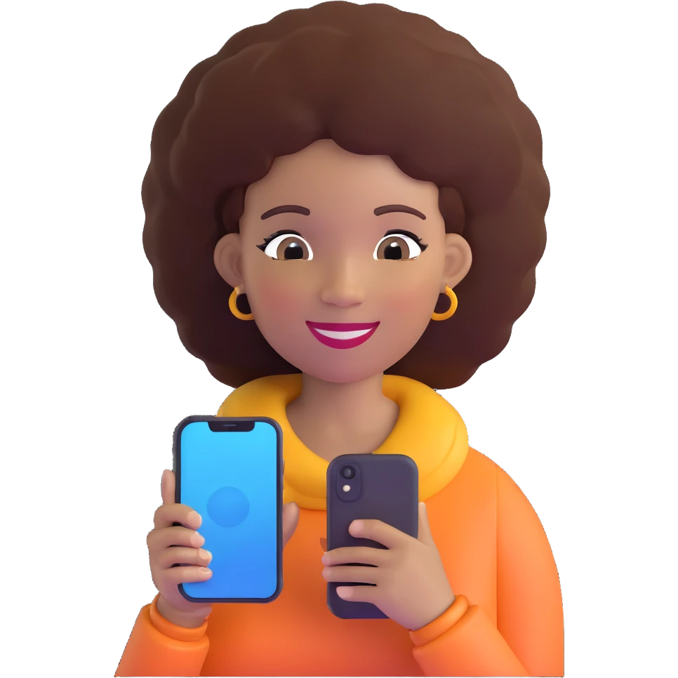 Afro-Caribbean female smiling, holding iPhone, recording emoji