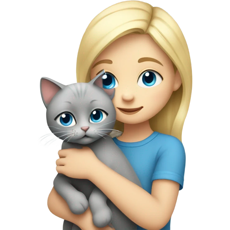 Blonde blue eyed girl hugs her grey cat  emoji