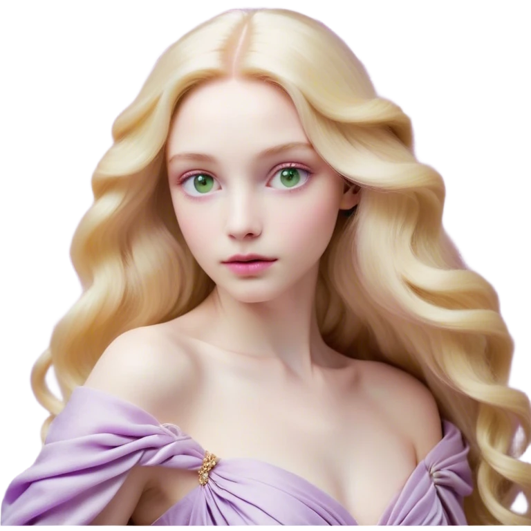 Cinematic Realistic Rapunzel Portrait, with porcelain-like skin featuring a subtle, natural glow, illuminated by soft lighting that brings out the gentle contours of her face. Her long, golden blonde hair cascades in detailed waves, each strand highlighted with a radiant shimmer as it catches the light. Her bright, expressive green eyes exude curiosity and warmth, framed by delicate lashes and soft, arched brows. Her expression is playful and vibrant, with a gentle smile. She is dressed in her classic lavender and pink gown, the fabric textured with delicate folds that flow naturally, catching the light with a soft, radiant glow. The portrait captures a luminous, enchanting aura, seamlessly blending realism with a whimsical, fairytale charm, evoking a timeless sense of beauty and magic. emoji