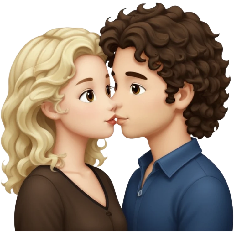 White Italian boy with dark brown wavy fluffy hair and blonde girl that's pale with wavy hair kissing emoji